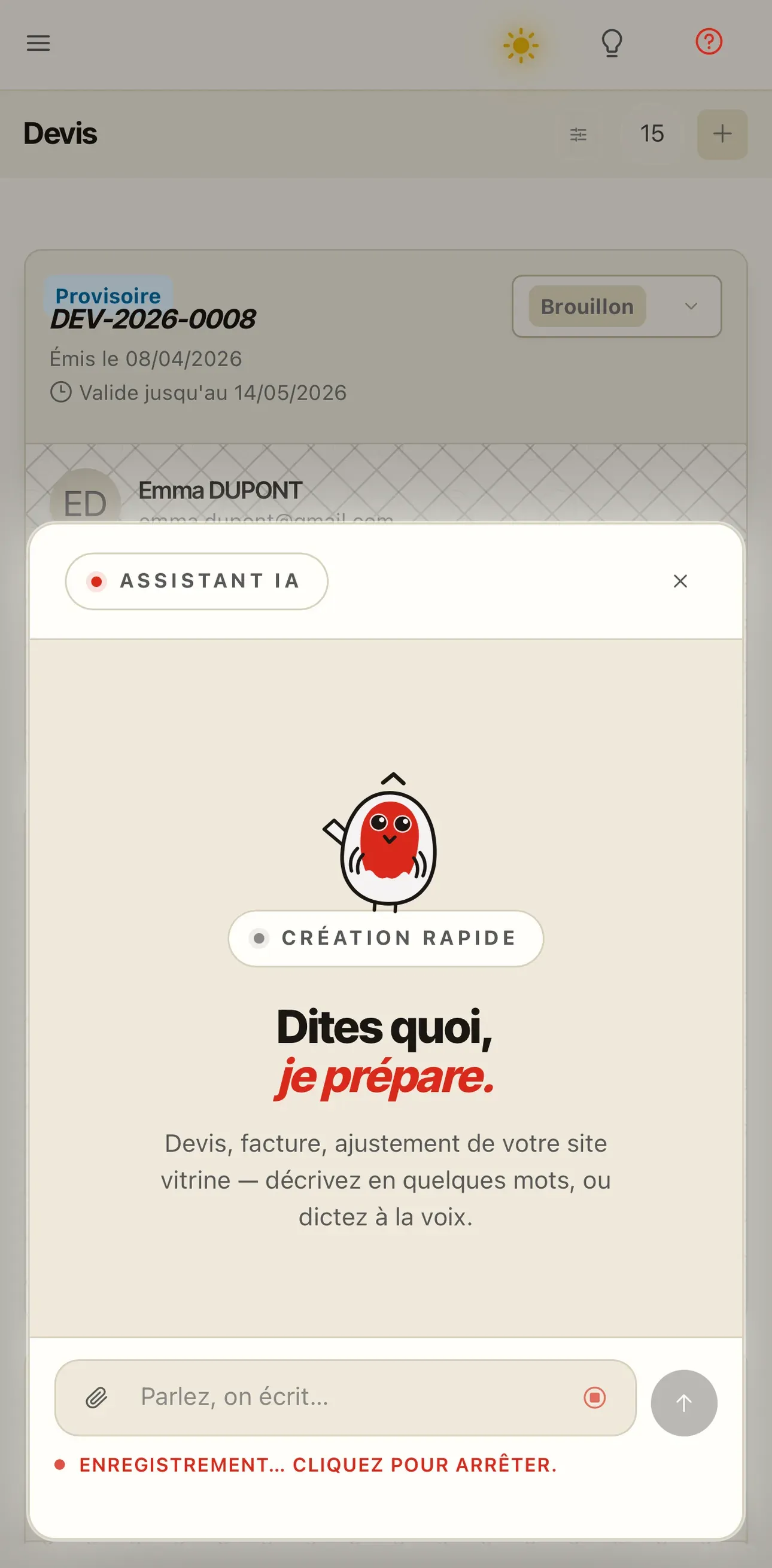 Assistant vocal SWIPIFY : vous dictez, l'app prépare le devis